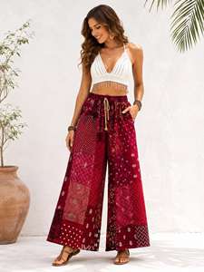 Bohemian Style Yellow Patchwork Cotton <b>Harem</b> Pants Women Full Length Regular Fit High Elastic Waist Wide Leg Breathable Pants - Product Image 5