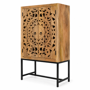 Armoire de rangement de chambre à coucher en bois de manguier massif sculpté à la main, grande capacité, avec portes à motifs floraux mandala et support en métal noir - Product Image 2
