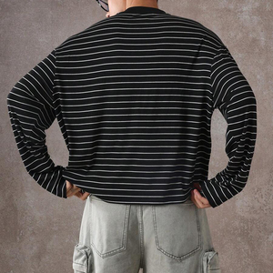 Men's Black Striped O-Neck Long Sleeve Knitted T-Shirt Casual Style Plain Cotton Boxy Fit <b>Stripped</b> T Shirts - Product Image 2