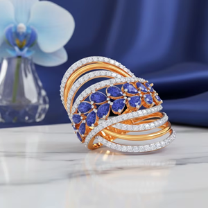 Bague en or de luxe multi-couches avec saphir bleu en forme de poire pour les bijoux de mariage et de fête pour femmes - Product Image 3