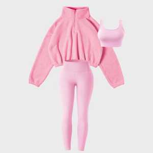 Custom Seamless Fitted Yoga Set Women Cozy 3-Piece Fleece Pullover Winters <b>Workout</b> <b>Jacket</b> Sports Bra High-Waist Leggings - Product Image 4
