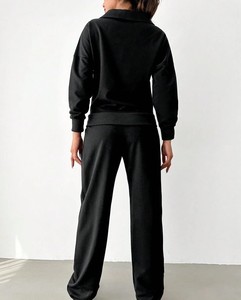 <b>Women's</b> <b>Black</b> Half-Zip Long Sleeve Tracksuit Solid Color Loose Fit Casual Autumn Full Length Drawstring <b>Pants</b> With Side Pockets - Product Image 4