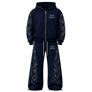 Ensemble de survêtement de luxe pour homme avec strass, sweat à capuche zippé et pantalon de jogging, logo personnalisé, vente en gros OEM, fabricant de streetwear haut de gamme - Product Image 3