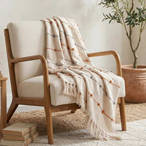Rust Red Cotton Woven Throw with Contrast Stripe Design and Fringe 50x60 inch for Boho Rustic Sofa Décor - Product Image 5