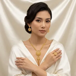 Nuevo Diseño, Estilo Árabe, Juego de Collar con Patrón de Flores en Latón Chapado en Oro, Aretes con Borlas, para Mujer, Boda, Fiesta, Clásico - Product Image 5