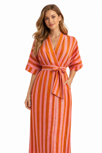 ชุดกิโมโนลายทาง คอวี มีสายรัด กระเป๋าข้าง แขนครึ่งแขน ผ้าฝ้ายพิมพ์ลายบล็อกด้วยมือ ชุดเดรสลำลองสำหรับผู้หญิง ผลงานชิ้นเอก - Product Image 6