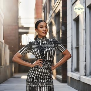 ชุดเดรสชิ้นเดียวพิมพ์ลายสีดำและสีขาวสำหรับผู้หญิงเดรสยาวคลุมเข่ายาวลำลองสง่างามสำหรับตลาดแฟชั่นทั่วโลก - Product Image 3