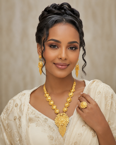 Antique Dubai Arabic Long Necklace Set with Earrings & Rings 18K Gold Plated Brass Flower Box <b>Chain</b> Fashion Necklace - Product Image 3