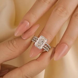 Elegant 925 <b>Sterling</b> <b>Silver</b> 5.0 Carat Moissanite Radiant Cut Insert Women's Wedding Engagement <b>Ring</b> <b>Set</b> White Gold Plated - Product Image 2