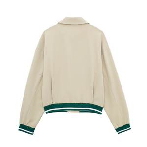 Chaqueta de Motocicleta para Mujer, Cuero Sintético, Corte Ajustado, Manga Larga, Beige con Detalles Verdes, para Otoño - Product Image 2