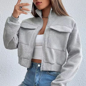Short Acid Wash <b>Zip</b>-<b>Up</b> Front Hoodie Women Fleece Polyester/Cotton Blend Breathable Eco-Friendly Casual Winter Slim Fit Jacket - Product Image 5