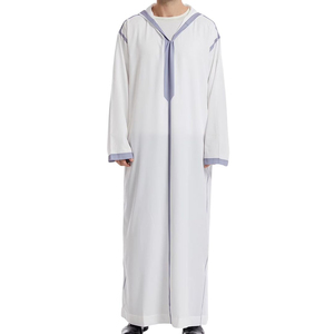 Light Blue Grey Men Islamic Thobe Long Sleeve Embroidered Neckline Arabic Kandura Dishdasha <b>Muslim</b> Jubba Traditional <b>Dress</b> - Product Image 4