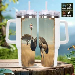 40oz Stainless Steel Tumbler Ostrich Design Travel <b>Mug</b> <b>Insulated</b> With Handle - Product Image 2