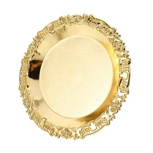 Plateau de service marocain artisanal en laiton, style vintage, rond, gravé, avec motifs géométriques et floraux islamiques complexes - Product Image 6