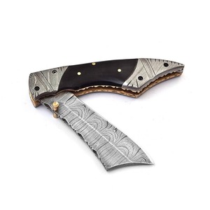 Cuchillo Plegable de Acero de Damasco con Mango de Cuero, Hoja de Punta Caída y Borde Recto, Cuchillo de Caza con Diseño de Perilla para el Pulgar - Product Image 5