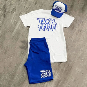 Ensemble T-shirt blanc et short bleu pour homme ELEGANT CORPORATION, col rond, style streetwear, respirant, polyester/coton, vêtements décontractés d'été - Product Image 5
