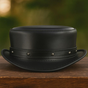 Black Leather Top Hat – Handmade <b>Steampunk</b> Gothic Festival Cosplay <b>Accessory</b> - Product Image 1