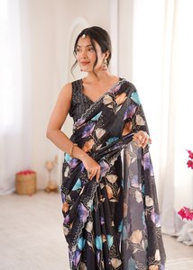 Elegante Saree Negro con Estampado Floral y Blusa para Mujer, Ropa de Fiesta, Poliéster, Corte Regular, Largo hasta el Suelo, Ropa India y Pakistaní - Product Image 3