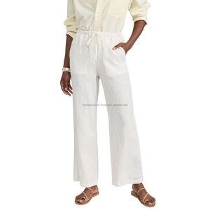 Pantalones rectos de lino de estilo europeo para mujer, pantalones de oficina de lino con botones Beige, último diseño personalizable - Product Image 5