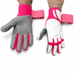 Premium Quality Heavy Duty Sports Training <b>Long</b> Cuff White Pink & Grey Color Combination Baseball Softball Batting Gloves - Product Image 3