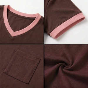 Women V Neck T-Shirt Brown With Pink Trim Pocket Casual Loose Fit Short Sleeve Cotton <b>Top</b> Spring Summer Style - Product Image 2