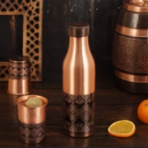 Pure Copper <b>Water</b> <b>Bottle</b> Dual Tone Mandala Floral Artwork Bottom Smooth <b>Neck</b> Indian Handcrafted Copper Vessel - Product Image 2
