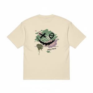 T-shirt graphique SMILE MOOD style grunge, broderie artistique, beige, coupe oversize, streetwear, 100% coton satiné, séchage rapide, respirant, personnalisable - Product Image 2