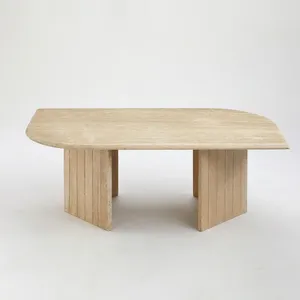 Table basse vintage en cuir avec plateau asymétrique en pierre de travertin beige et pieds en dalles cannelées, meuble de salon moderne, décoration - Product Image 5