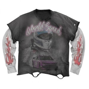 Camiseta de Doble Capa de Algodón Grueso con Lavado Vintage, Mangas con Contraste a Cuadros en Negro, Logotipo con Estampado Puff, Estilo Doble Capa - Product Image 6