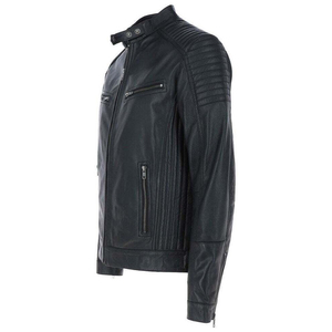 Men's Genuine Leather Stand Collar Zipper Closure Windproof <b>Slim</b> <b>Fit</b> Regular Length Quilted Pattern Custom Style <b>Jacket</b> - Product Image 3