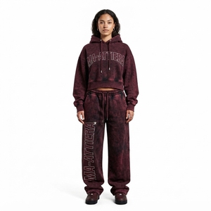 Custom Women Acid Wash <b>Burgundy</b> Cropped Hoodie Wide Leg Jogger Set Cotton Fleece Streetwear Tracksuit OEM Wholesale - Product Image 1