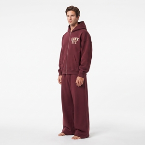 Men's Hooded Full <b>Zip</b> Kangaroo <b>Pocket</b> Tracksuit Maroon Color Cotton Fleece Oversized Fit Wide Leg <b>Jogger</b> Set - Product Image 3