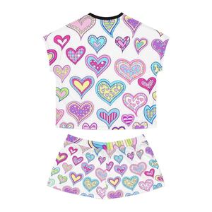Conjunto de Top de Manga Corta con Cuello Redondo y Estampado de Corazones Coloridos para Mujer y Pantalones Cortos por Encima de la Rodilla, Ropa Casual de Primavera/Verano, Tejido Transpirable, 2 Piezas - Product Image 6