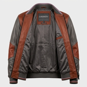 <b>Men</b> <b>Brown</b> Grey Real <b>Leather</b> Bomber <b>Jacket</b> Topographic Embroidered Patchwork Zipper Varsity Streetwear Outerwear - Product Image 5