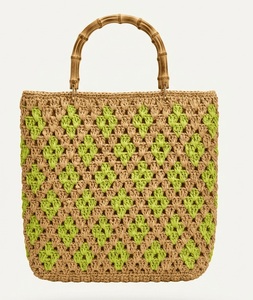 Sac fourre-tout en crochet écologique, motif losanges bleus, style bohème, ouverture supérieure, doublure en coton, sac à main d'été pour femme - Product Image 4