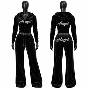 <b>Women's</b> Black <b>Velvet</b> Hooded <b>Tracksuit</b> Set Full Sleeve Zipper Front Glitter Angel Print Casual Loose Fit Autumn Wear - Product Image 1