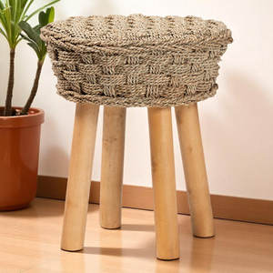 Taburete decorativo tejido de madera de acacia y algas marinas con asientos otomanos y taburetes únicos - Product Image 2