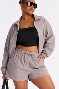 Ensemble veste coupe-vent légère et short pour femme, col haut, fermeture éclair, taille élastique, cordon de serrage, vêtements de sport décontractés, ensemble deux pièces - Product Image 3