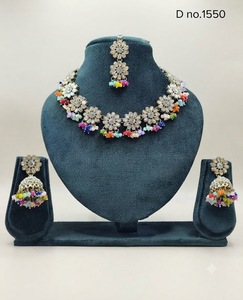 Flower Designer Link Necklace <b>Set</b> With Earrings & Tika Crystal Beaded Droplets Fashion <b>Jewellery</b> <b>Set</b> Festive Wear <b>Jewellery</b> <b>Sets</b> - Product Image 1