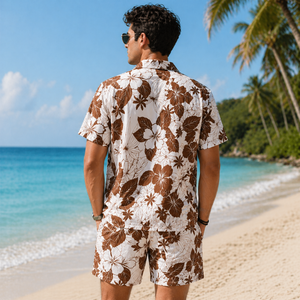 Brown Floral Print Design Breathable Men's Casual BeechWear Summer Shirt 320 Grams Quick Dry Eco-Friendly Short Sleeve 100%poly - Product Image 2