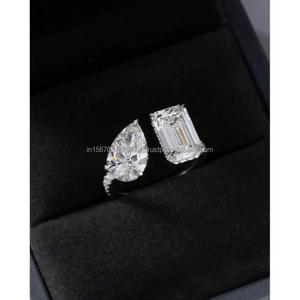 Elegante anillo Toi et Moi con diamantes en forma de pera y corte esmeralda en oro blanco, anillo de compromiso y boda de lujo para mujer, regalo para ella. - Product Image 1