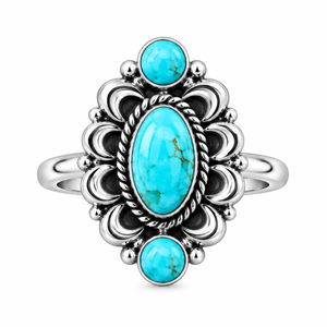 Anillo de Turquesa Mohave con Diseño de Luna, 3 Piedras, Corte Marquesa y Redondo, Hecho a Mano, Estilo Bohemio Occidental, Joyería con Piedras Preciosas - Product Image 3