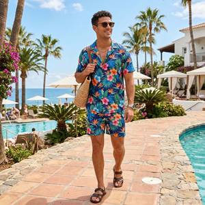 Ensemble 2 pièces personnalisé pour homme, été, imprimé floral hawaïen, chemise à col camp et short de plage assortis, tenues de resort - Product Image 4