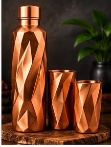 Traditional Copper Water Bottle and <b>2</b> <b>Cups</b> Set 3 Piece Carved Leaf Pattern Portable <b>Flask</b> with Lid - Product Image 6