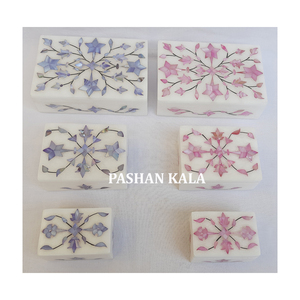 Handmade <b>Floral</b> Design White Marble Pink And Blue Mother Of Pearl Inlay Jewellery <b>Box</b> Rectangular Shape Use Golden Chain Packing - Product Image 6
