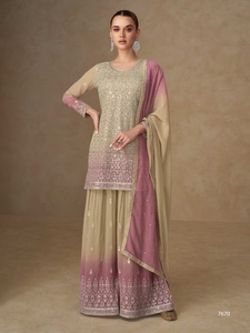 Sayuri Designer Shivani <b>Top</b> Palazzo Dupatta Set Heavy Real Georgette With Embroidery sequence work and Real Mirror India Export - Product Image 2