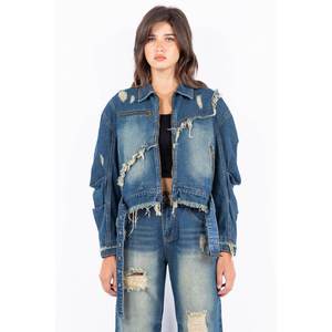 American Bazi Mujer Tamaño completo Desgastado Borde deshilachado Cremallera Chaqueta de mezclilla Abrigos de talla grande - Product Image 1