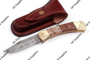 Couteau de poche pliant en acier Damas, gravé à la main, avec manche en laiton, cor de bélier et bois de rose, personnalisable OEM/ODM, couteau de camping, faibles MOQ - Product Image 6
