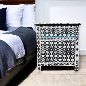 Mesita de Noche Artesanal con Cajón Lateral y Mosaico de Hueso Distintivo, Mueble Decorativo Elegante para Dormitorio y Sala de Estar - Product Image 2