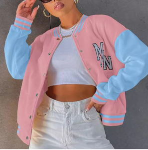 Veste universitaire rose et bleue à blocs de couleur, style décontracté unisexe, col rabattu, manches régulières, fermeture éclair, pour l'automne - Product Image 6